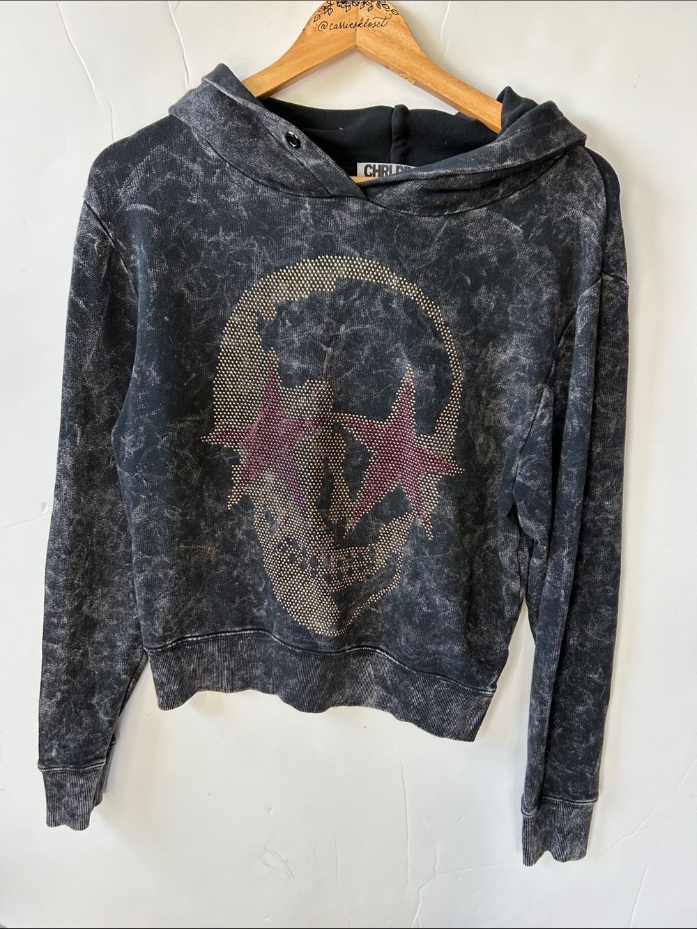 CHRLDR Washed Black Hoodie with Rhinestone Skull and Pink Stars